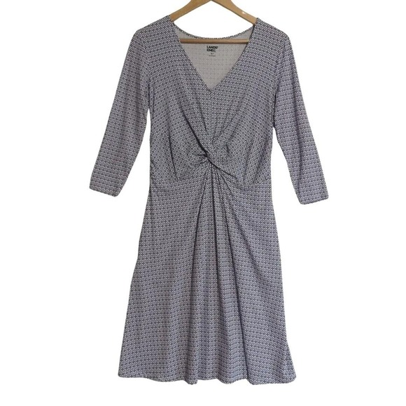 Lands' End Size XS Twist Front Knit Dress 3/4 Sleeve Geometric Print Pockets NEW - Picture 1 of 10
